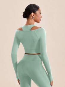 VARSIVA 女士纯色褶皱插肩袖短款运动T恤 - 薄荷綠 - 查看 2