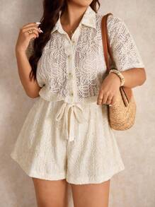 Elaquor Plus Size Solid Color Jacquard Romper, Casual Holiday,Teacher Outfits For Women