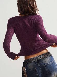 Bohemela 休闲针织蕾丝鸡心领长袖修身女上衣 - 紫色 - 查看 7