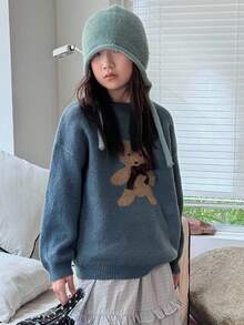 DAZY Tween Girls Casual Loose Cartoon Bear Pattern Long Sleeve Pullover Sweater