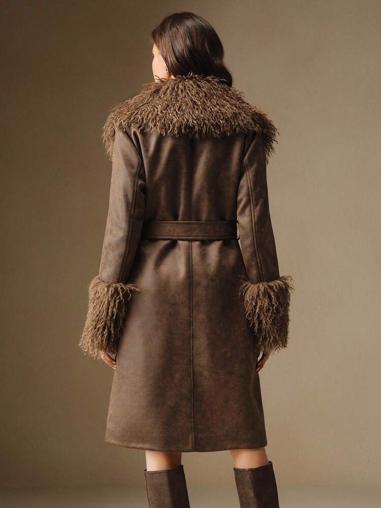 ファジー ファー カラー ダメージ加工 フェイクファー コート、秋/冬、エレガント、フォーマル、パーティー、シック、新年、クリスマス、卒業、結婚式、ブラウン