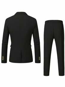 Calvornis 男士休闲商务两件套西装，纯色西装套装夹克和裤子，简约时尚休闲日常穿着婚礼西装舞会西装男士，适合情人节周年纪念日等场合，是送给男朋友或丈夫的绝佳礼物，老钱风格 - 黑色 - 查看 2