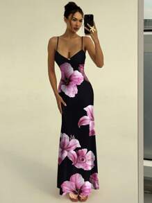 Aloruh 无袖系带紧身性感粉色芙蓉印花连衣裙，适合夏季、度假、海滩、音乐节