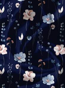 EMERY ROSE Plus Size V-Neck Ruffle Sleeve Printed Casual Blouse, Suitable For Summer Autumn And Winter,Back To School Chic Blouses For Women - Navy Blue - View 5