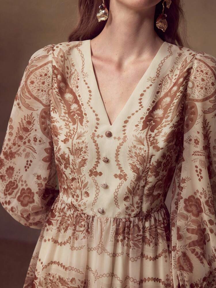 WOMEN'S V-NECK LONG SLEEVE ELEGANT WAIST CINCHED FLORAL PRINT DRESS