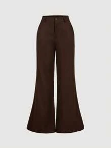 SHEIN MOD Bộ vest nữ đơn giản cổ khoét, eo thắt và quần ống loe, Bộ vest nữ, Bộ đồ hai mảnh màu nâu dành cho nữ, Quần ống loe cho mùa thu/đông - màu nâu - Xem 6