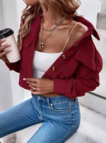 EMERY ROSE 简约休闲纯色前开襟纽扣翻盖口袋夹克，适合大学校园秋冬季女装