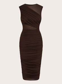 Maija Đầm nữ màu trơn thanh lịch, xếp ly eo, cổ tròn, không tay, ôm dáng, dài đến đầu gối, chất liệu hơi xuyên thấu, thích hợp cho tiệc tùng, Tết Nguyên đán, trang phục thu thanh lịch, đồ nữ, đầm màu nâu. - màu nâu - Xem 6