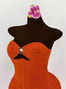 Amplova Plus Size Shell Metal Decor Breast Ruched Bodysuit Romper - Orange - View 4