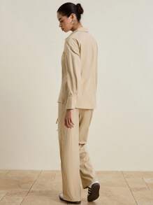 INAWLY 2pcs Women Casual Shirt & Pants Set, Suitable For Commuting And Leisure Wear In Early Autumn - Khaki - View 2
