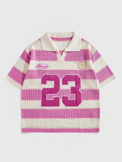 Prep Camisa polo de punto con rayas de contraste y bordado numérico para hombre