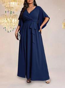 Auvina Plus Size Women's Solid Color Fitted V-Neck Flare Sleeve Tie Waist Ruched Slit Elegant Party Maxi Dress