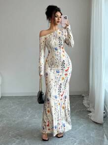 Elenzga Standard Size Women's Elegant Floral Print Asymmetrical Shoulder Dress Fall Cloth For Women - Apricot - View 5