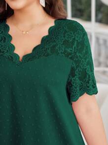 Lacomfia 女式 V 领短袖蕾丝拼布纹理提花面料优雅休闲大码连衣裙，夏季 - 綠色 - 查看 5