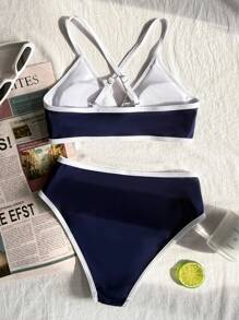 SHEIN Tween Girls' Casual Beach Vacation Vintage Color Contrast Criss-Cross Strap Bikini Set, Navy Blue - Royal Blue - View 3