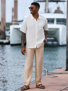 Manfinity Homme Men's Casual Striped Front Button Short Sleeve Shirt, Off-White Summer Breathable Linen Shirt With Pocket Design, Vacation Holiday Beach Shirt - White - View 2