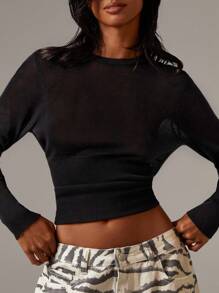 Athîral 女士性感透明针织长袖修身上衣 - 黑色 - 查看 1