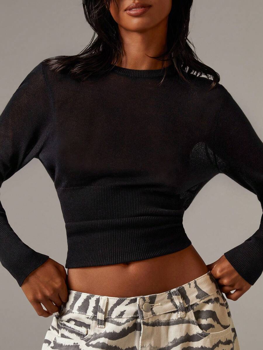 Athîral 女士性感透明针织长袖修身上衣 - 黑色 - 查看 1