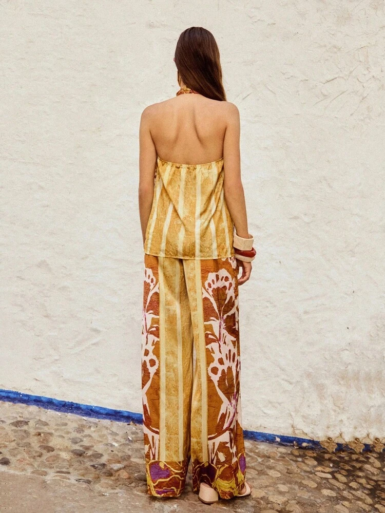 SHEIN Maija Débardeur décontracté à col ras-du-cou avec nœud torsadé, imprimé intégral, dos nu, pour sortie, vacances, style boho, fête, western, bohème