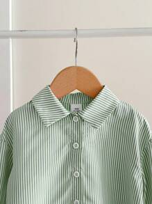 SHEIN Babygirl 休闲街头风不对称条纹长袖衬衫，亲子装 - 綠色 - 查看 4