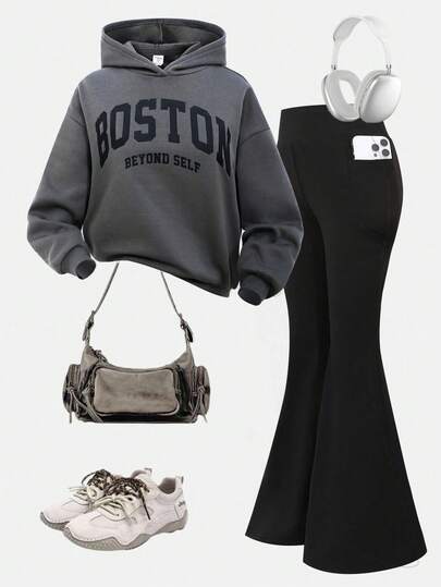 Tween Girls Casual Streetwear Hooded Oversized Loose Slouch Shoulder Letter Print Fleece Hoodie & High Waist Bell-Bottom Pants 2-Piece Set With Side Pocket Outfit Outfits Outfit Set Boston Hoodie Outfit Girl Outfits