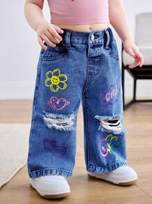 SHEIN 女婴 Y2K 花卉笑脸印花宽松蓝色破洞牛仔裤，春夏休闲度假乡村波西米亚风装 - 深色水洗藍 - 查看 2