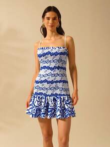 CAJUNI Women's Summer Fashionable Printed Frill Edge Camisole Short Dress - Green - View 4