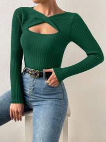 EMERY ROSE 纯色扭花镂空毛衣，长袖针织套头衫，秋冬毛衣 - 墨綠色 - 查看 4