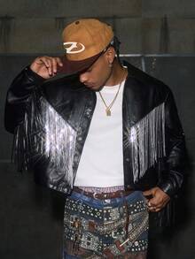 AXEPEAK Men's Turndown Collar Long Sleeve Fringe Detail Short Jacket , Fall Winter, Grunge - Black - View 1