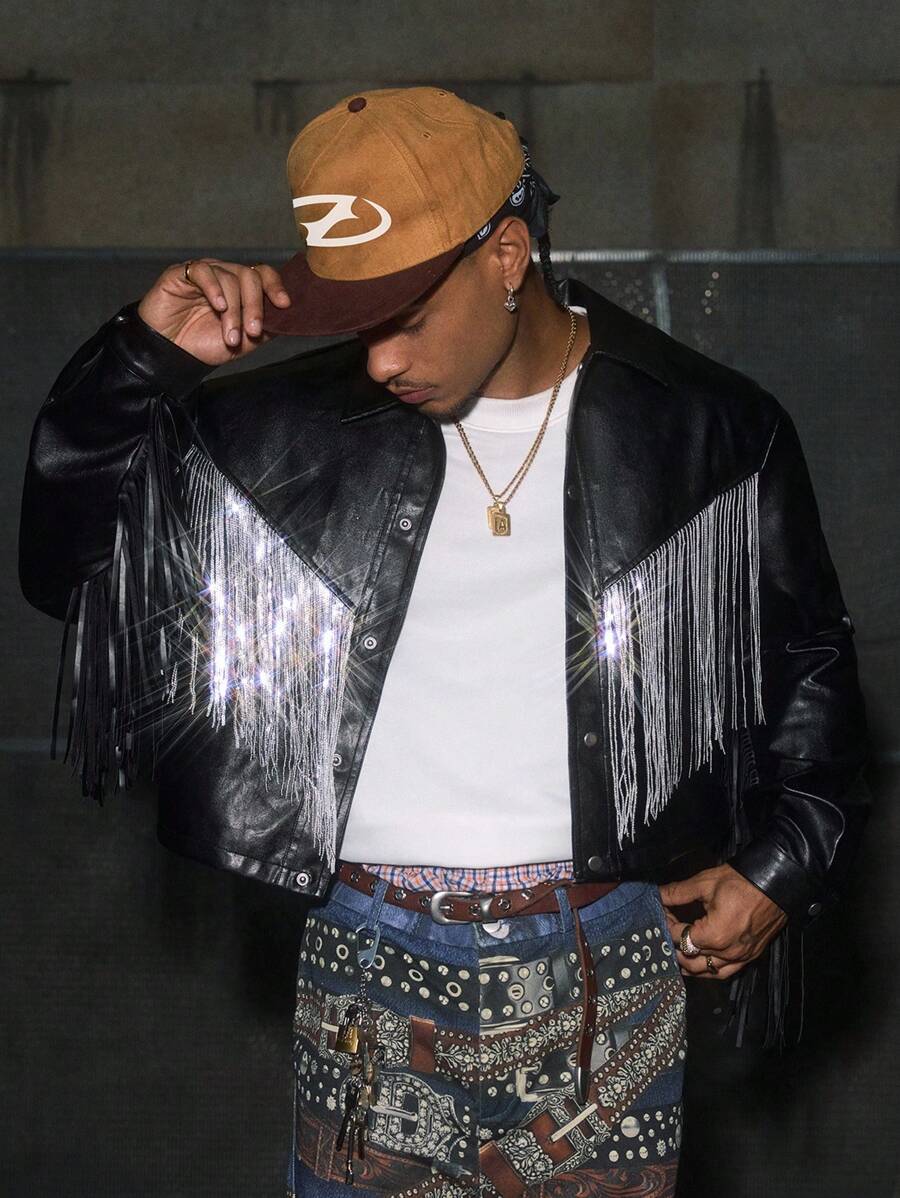 AXEPEAK Men's Turndown Collar Long Sleeve Fringe Detail Short Jacket , Fall Winter, Grunge - Black - View 1