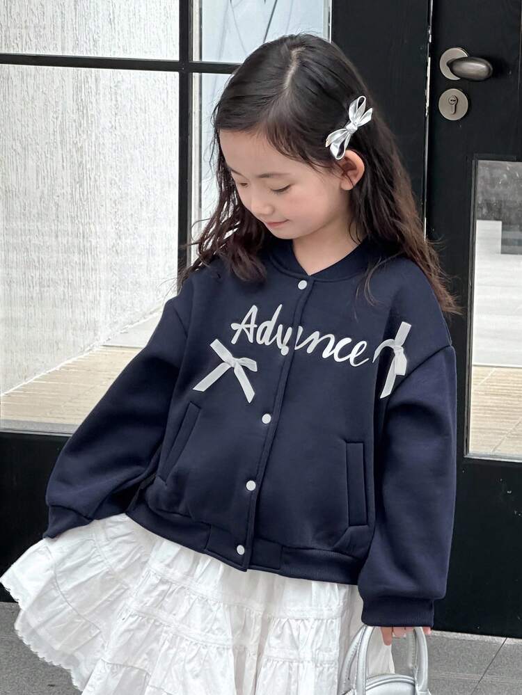 Young Girl Letter Print Bow Decor Jacket Fall,Winter