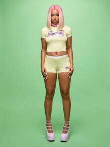 SUMWON WOMEN 两件套动漫眼睛印花短款上衣和短裤节日夏季套装，搭配 Oh No 对话泡泡卡哇伊街头服饰 - 黃色 - 查看 8