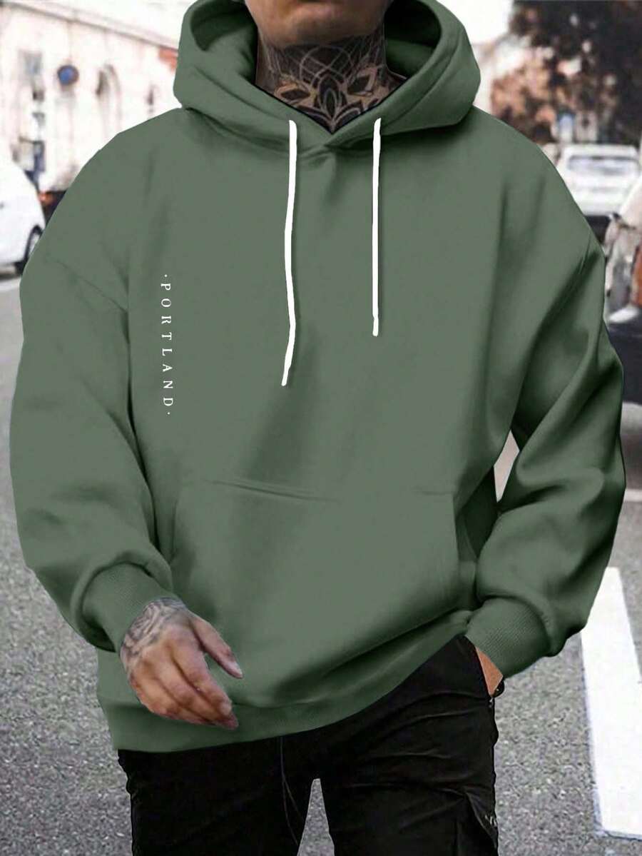 EURMUSE Cotton Men Letter Printed Regular Hoodie Sweatshirt - Army Green - View 1