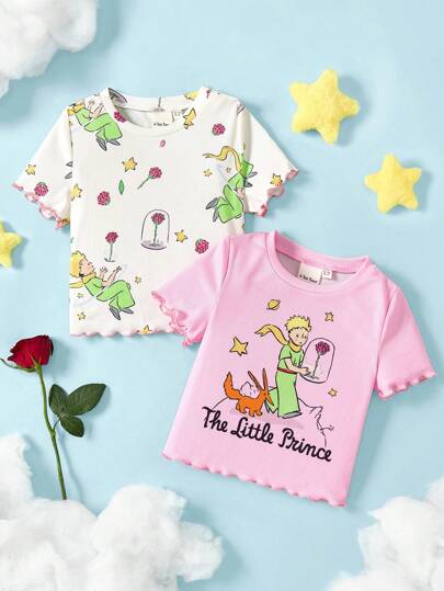 LE PETIT PRINCE X SHEIN 2 st/set T-shirt med kort ärm och tecknad räv och rosmönster för ung flicka, söt rosa och vit, avslappnad och mångsidig