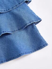 Girls' Casual Soft Washed Denim Dress With Bowknot Decor, Elastic Waist Patchwork Dress, Lightweight Summer Teen Girls Blue Denim Dress Girls Ruffle Dress Girls Tiered Denim Dress Fall Winter