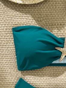 SHEIN Swim Bikini da donna a tinta unita con spalline a spaghetti, decorazione in metallo a forma di stella marina, sexy, estivo - Blu verde acqua - Visualizzare 4