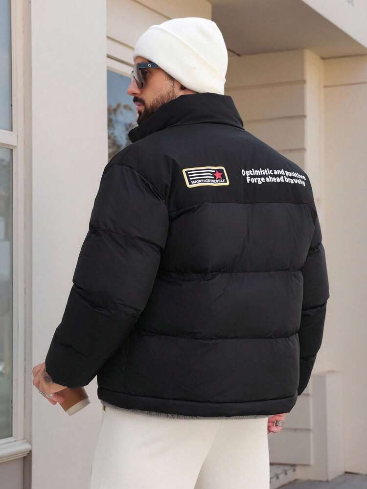 Men's Letter Print Patchwork Contrast Color Stand Collar Thick Padded Coat, Winter Jacket