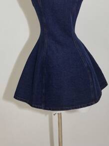 SHEIN MOD 女式牛仔无袖迷你连衣裙，休闲修身，蓝色 - 深色水洗藍 - 查看 4