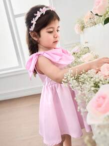 Elegantes Sommerkleid für Mädchen mit süßem Farbblockdesign und Satin-Schleifenverzierung - Pink - Übersicht 6
