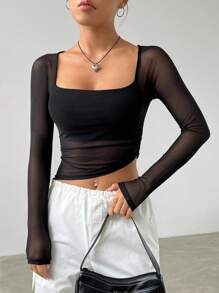 SHEIN EZwear Spring Black Square Neck Asymmetrical Hem Crop Mesh Date Night Top - Black - View 1