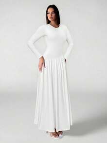 SHEIN Tall فستان كاجوال صيفي بأكمام طويلة مزين بلمسات مختلفة الألوان وياقة مستديرة وأكمام راجلان - أبيض - مشاهدة 6