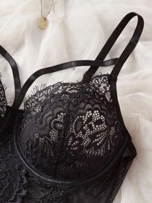 SHEIN Bộ đồ liền thân ren gợi cảm có gọng lãng mạn, Rave - màu đen - Xem 7