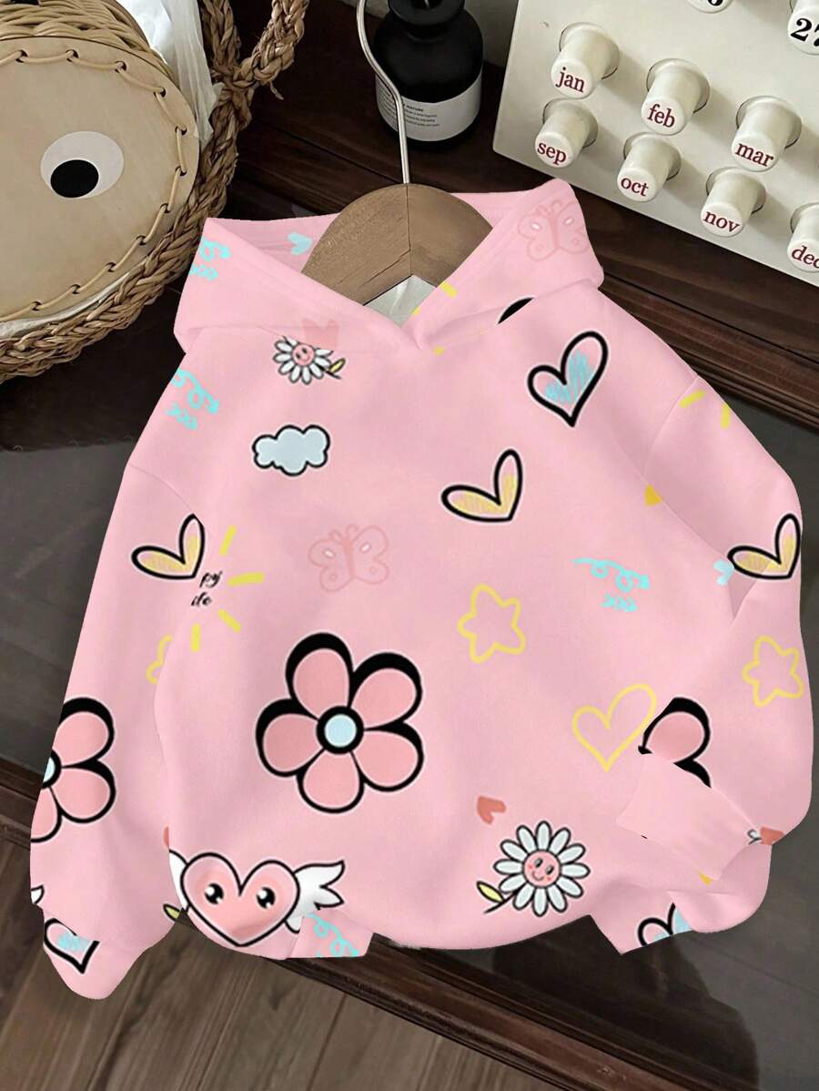 SHEIN EZwear 女士花卉、心形和太阳印花米色连帽卫衣,适合秋冬季的热门单品 - 彩色 - 查看 1