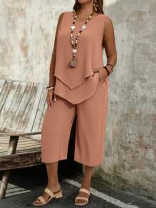 EMERY ROSE 大码女式简约绿色无袖上衣和七分裤两件套 - 珊瑚粉 - 查看 6