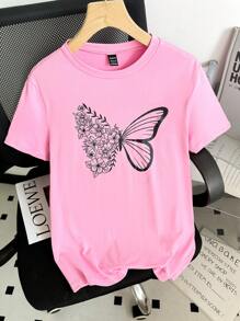 INAWLY 女式蝴蝶印花短袖T恤图案T恤女式上衣 - 粉色 - 查看 1