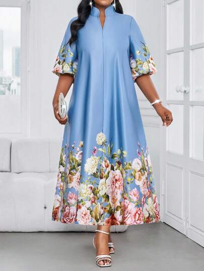 SHEIN Lady CURVE Lente Zomer Elegante Forens Kantoor Casual Bohemian Casual Uitje Blauw Bedrukt Gevlochten Satijnen V-hals Baljurk Bisschopsmouwen A-lijn Jurk Tuniekjurk Midi Mouw Plus Size Jurk Elegante Dameskleding Elegante Kleding Dames Zomerkleding Dames Zomerjurk Witte Jurk Elegant Elegante Witte Jurk, Dames Formele Jurk