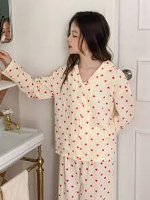 DAZY 少女心印花长袖和长裤睡衣套装 - 米色 - 查看 4