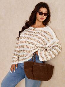 Elaquor Plus Size Striped Embroidered Floral Mixed Yarn Casual Loose Knit Pullover Sweater For Women Autumn Winter Clothes For Women Fall/Winter - White - View 5