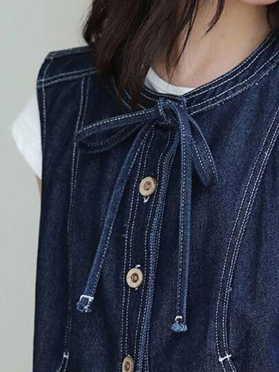 SHEIN Unity 女士深蓝色圆领牛仔上衣，蝴蝶结牛仔上衣，韩版秋季女装，返校装，女士教师装