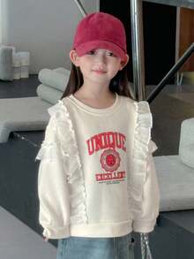 Dazy Kids 年轻女孩荷叶边字母印花圆领运动衫 - 米色 - 查看 2